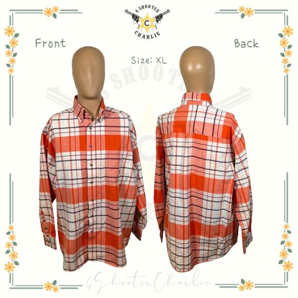 Wrangler Twenty X 20X Men's XL Button Down Shirt Long Sleeve Orange Plaid - Picture 1 of 6